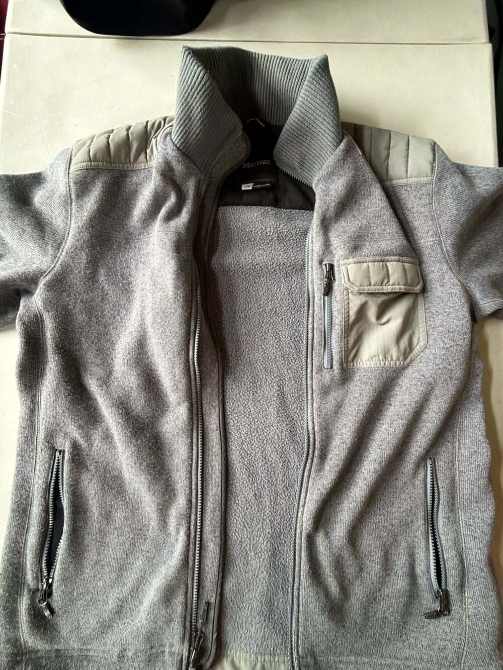 Marmot Full Zip Jacket Size L Gray Fleece Military Shoulder Patches